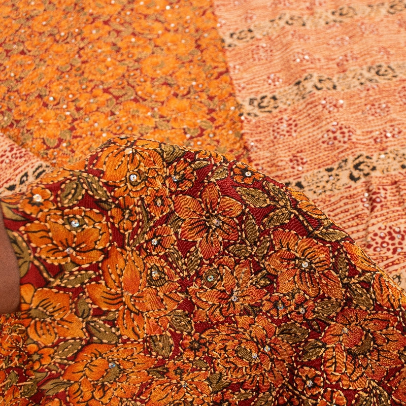 Sanskriti Vintage Orange Pure Crepe Saree Kantha Work Sari 5+Yard Craft Fabric