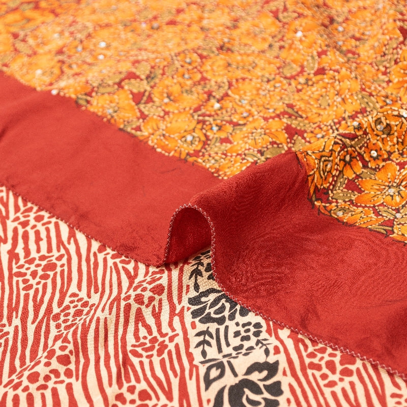Sanskriti Vintage Orange Pure Crepe Saree Kantha Work Sari 5+Yard Craft Fabric