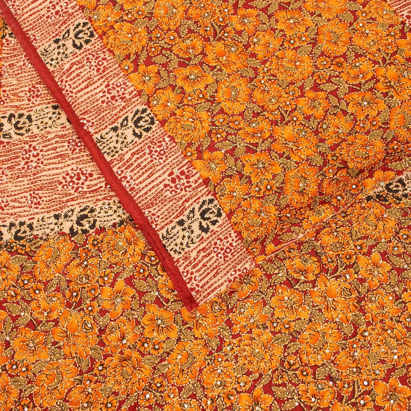 Sanskriti Vintage Orange Pure Crepe Saree Kantha Work Sari 5+Yard Craft Fabric