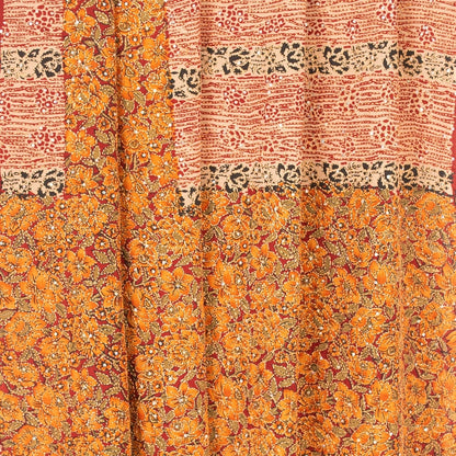 Sanskriti Vintage Orange Pure Crepe Saree Kantha Work Sari 5+Yard Craft Fabric