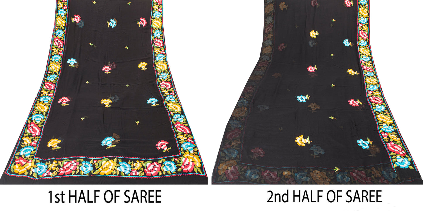 Sanskriti Vintage Black Pure Georgette Silk Saree Embroidered Sari 5+YD Fabric