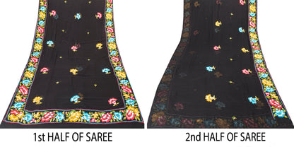 Sanskriti Vintage Black Pure Georgette Silk Saree Embroidered Sari 5+YD Fabric