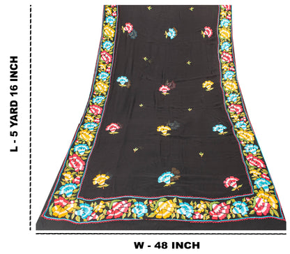 Sanskriti Vintage Black Pure Georgette Silk Saree Embroidered Sari 5+YD Fabric