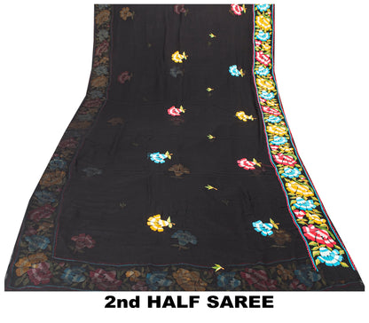 Sanskriti Vintage Black Pure Georgette Silk Saree Embroidered Sari 5+YD Fabric
