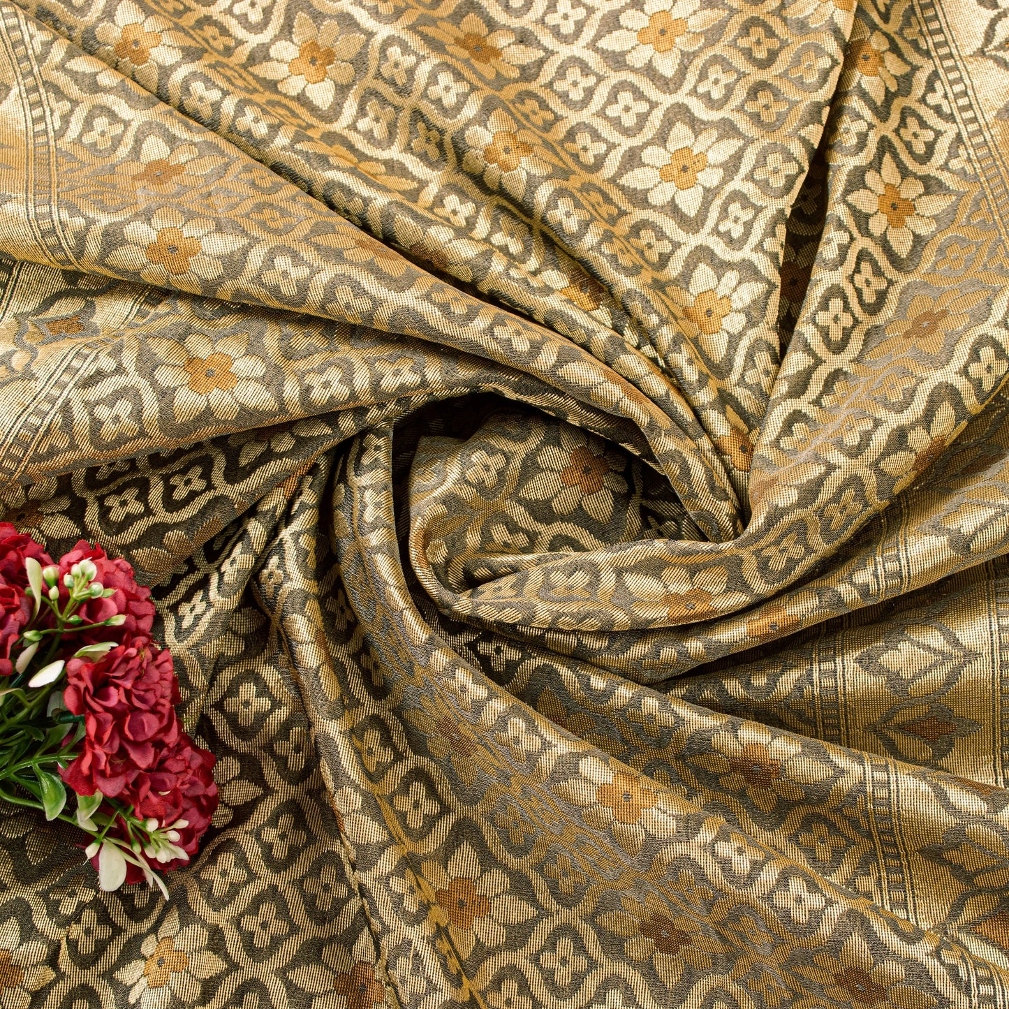 Sanskriti Vintage Saree Black & Red Blend Silk Brocade Woven 5.5+Yd Craft Fabric Uses-Table linen, Cushions, Curtains, Dressing, Decor