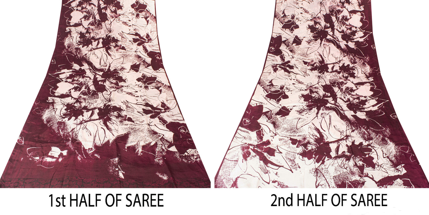 Sanskriti Vintage Saree White-Maroon 100% Pure Crepe Silk Batik Work 5.5+Yd Fabric Crafting, Upcycling, Recycling, Dress Making,Home Decor
