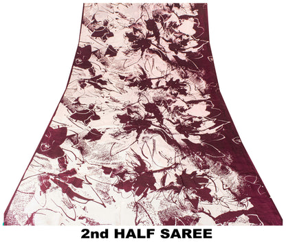 Sanskriti Vintage Saree White-Maroon 100% Pure Crepe Silk Batik Work 5.5+Yd Fabric Crafting, Upcycling, Recycling, Dress Making,Home Decor