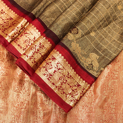 Sanskriti Vintage Saree Green-Red 100% Pure Silk Zari Brocade Peacock Handmade 5.5+Yd Create Dresses, Kaftan, Skirt, Tops, Projects