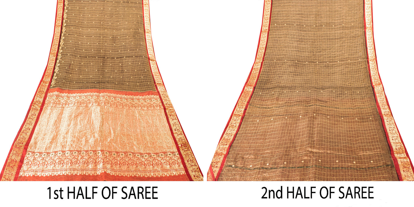 Sanskriti Vintage Saree Green-Red 100% Pure Silk Zari Brocade Peacock Handmade 5.5+Yd Create Dresses, Kaftan, Skirt, Tops, Projects
