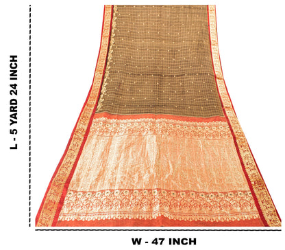 Sanskriti Vintage Saree Green-Red 100% Pure Silk Zari Brocade Peacock Handmade 5.5+Yd Create Dresses, Kaftan, Skirt, Tops, Projects