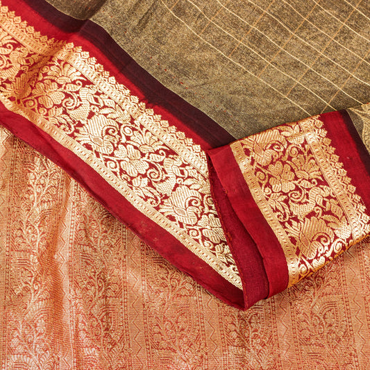 Sanskriti Vintage Green-Red Pure Silk Saree Zari Brocade Peacock Handmade 5.5+YD