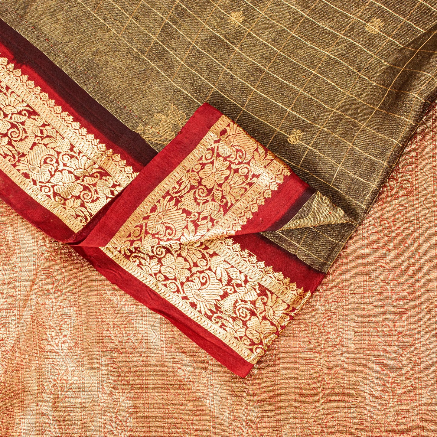 Sanskriti Vintage Saree Green-Red 100% Pure Silk Zari Brocade Peacock Handmade 5.5+Yd Create Dresses, Kaftan, Skirt, Tops, Projects