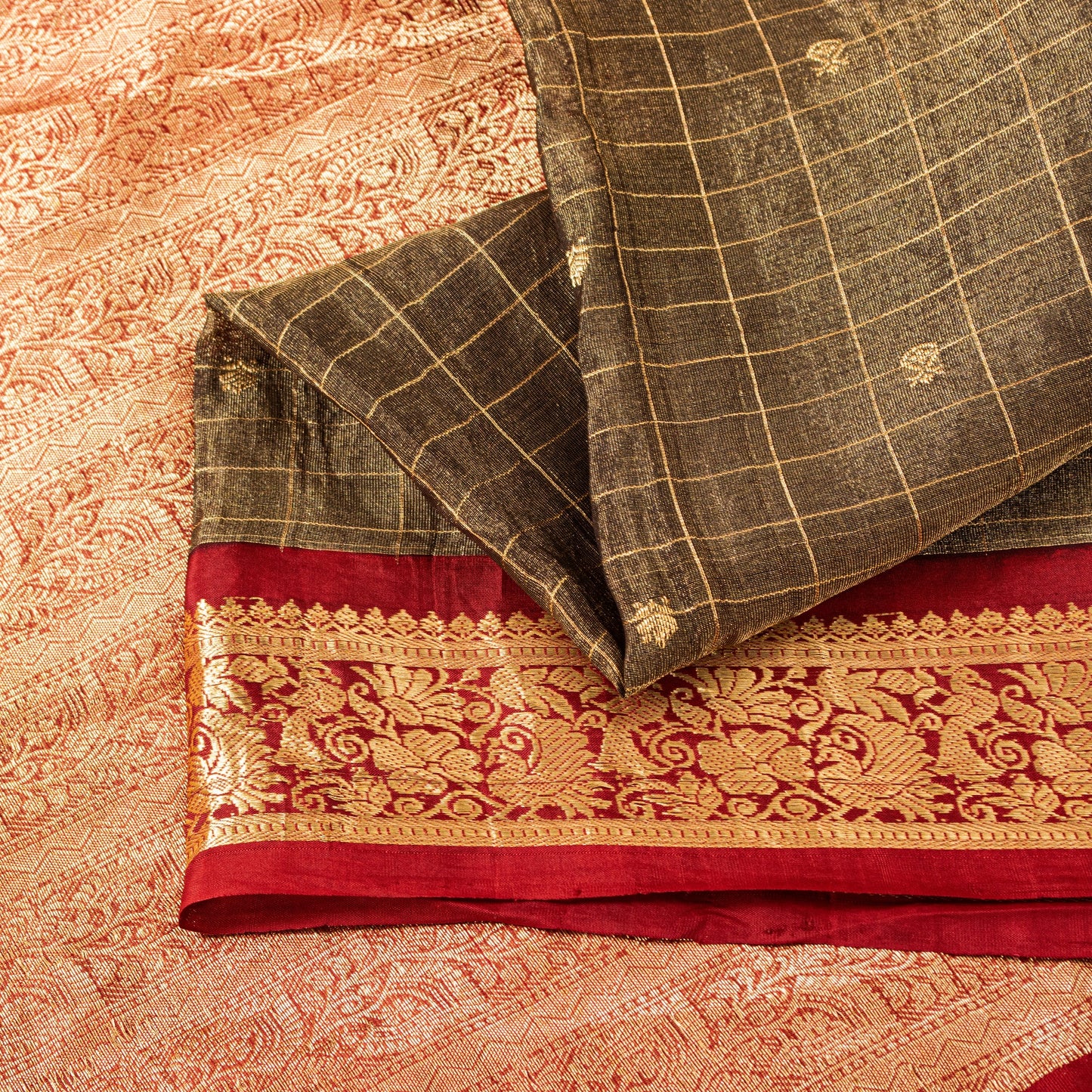 Sanskriti Vintage Saree Green-Red 100% Pure Silk Zari Brocade Peacock Handmade 5.5+Yd Create Dresses, Kaftan, Skirt, Tops, Projects