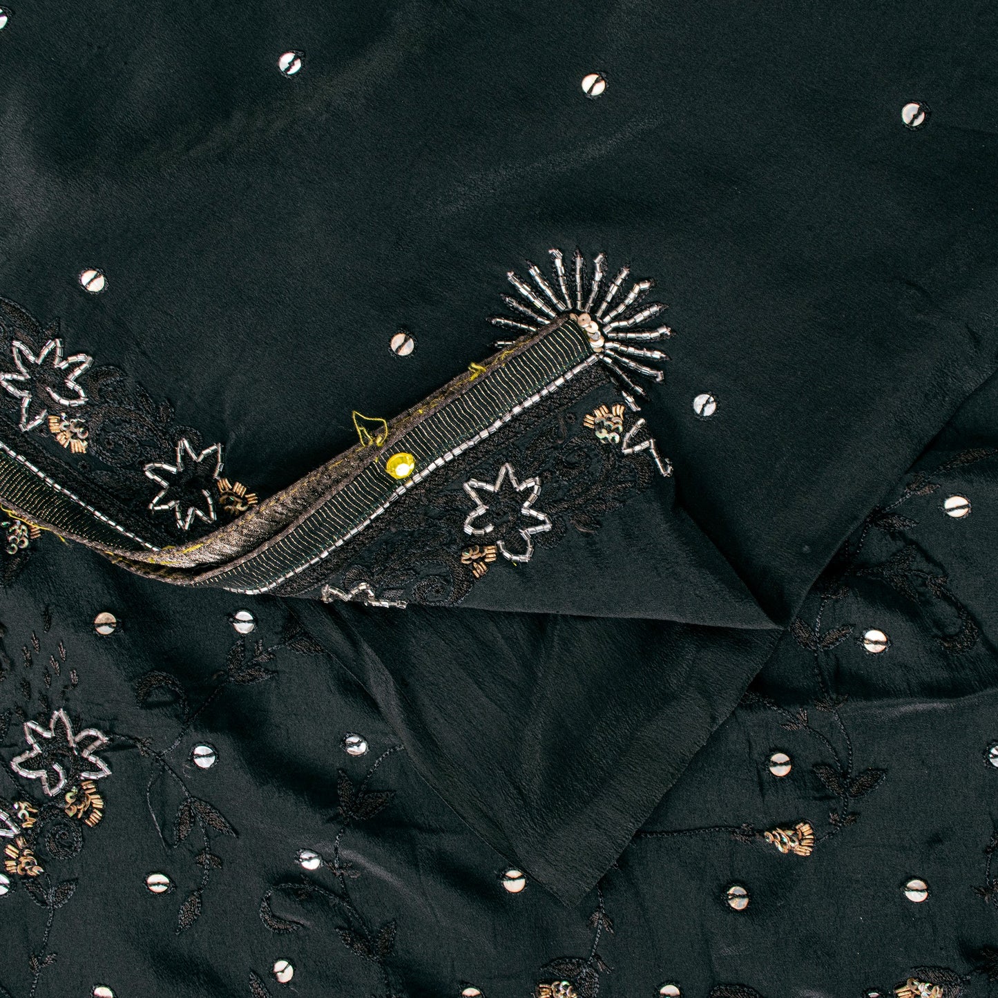 Sanskriti Vintage Black Pure Silk Saree Hand Bead Zardozi Sari 5+YD Craft Fabric