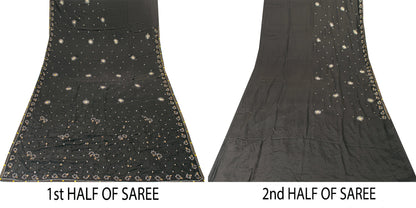 Sanskriti Vintage Black Pure Silk Saree Hand Bead Zardozi Sari 5+YD Craft Fabric