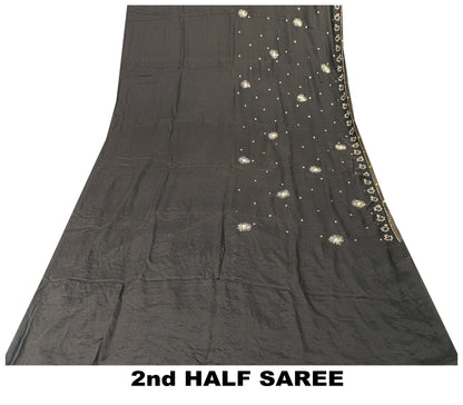 Sanskriti Vintage Black Pure Silk Saree Hand Bead Zardozi Sari 5+YD Craft Fabric