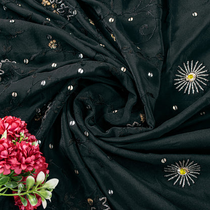 Sanskriti Vintage Black Pure Silk Saree Hand Bead Zardozi Sari 5+YD Craft Fabric