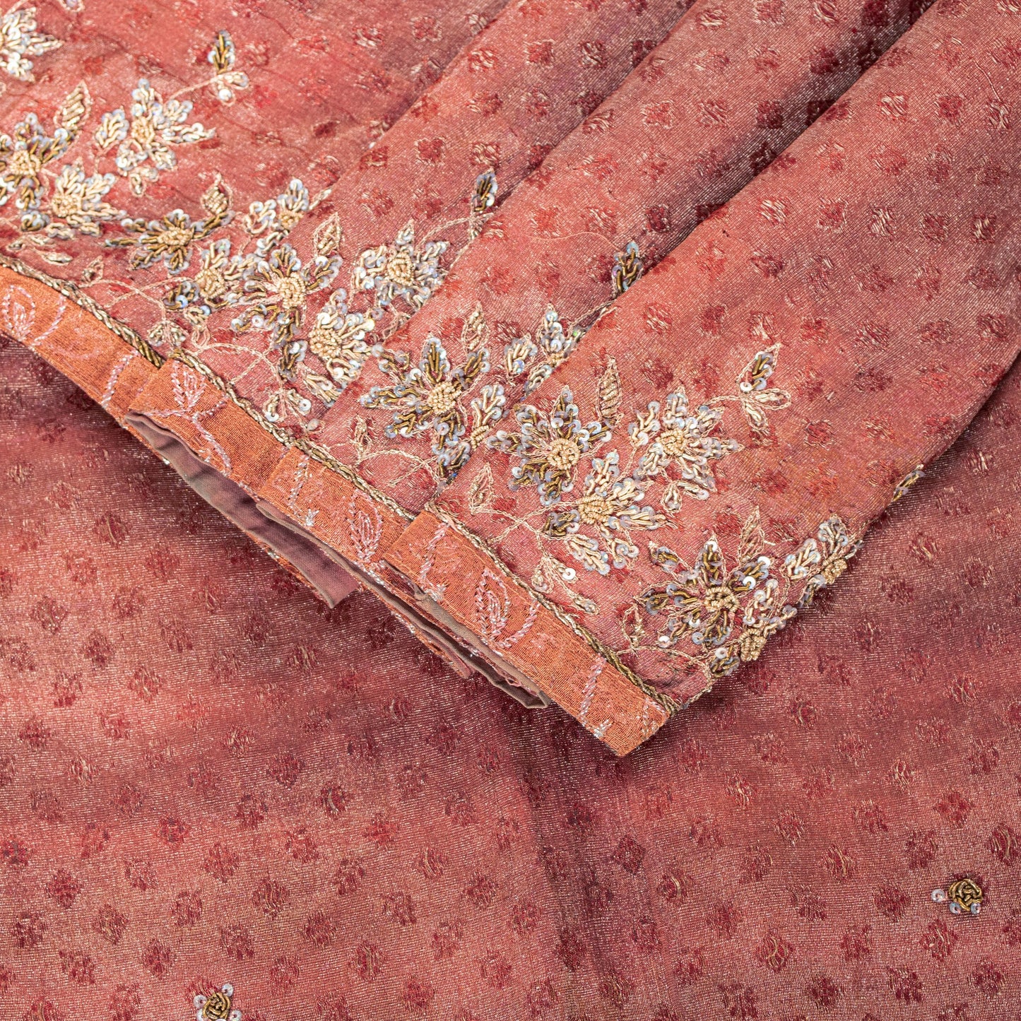 Sanskriti Vintage Peach Pure Silk Saree Hand Embroidery Zardozi 6YD Woven Fabric