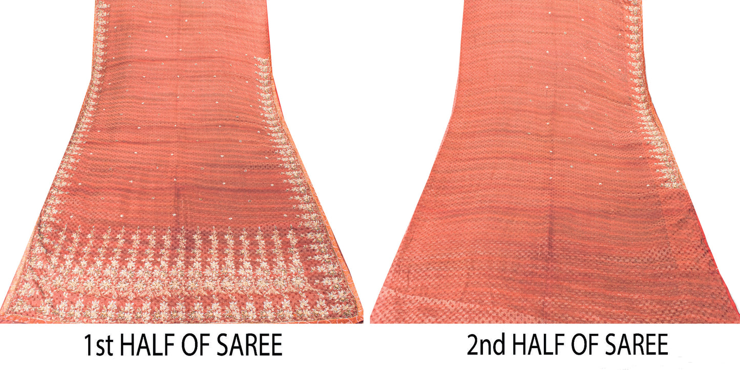 Sanskriti Vintage Peach Pure Silk Saree Hand Embroidery Zardozi 6YD Woven Fabric