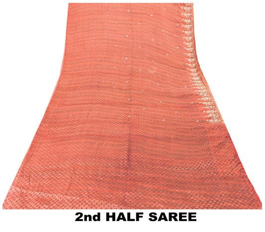 Sanskriti Vintage Peach Pure Silk Saree Hand Embroidery Zardozi 6YD Woven Fabric