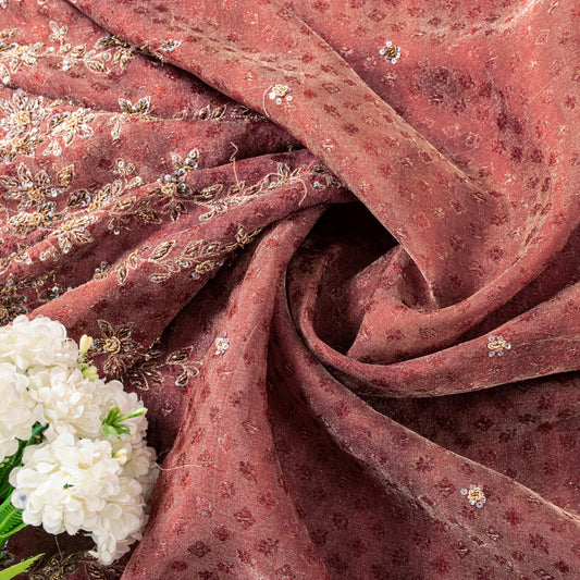 Sanskriti Vintage Peach Pure Silk Saree Hand Embroidery Zardozi 6YD Woven Fabric