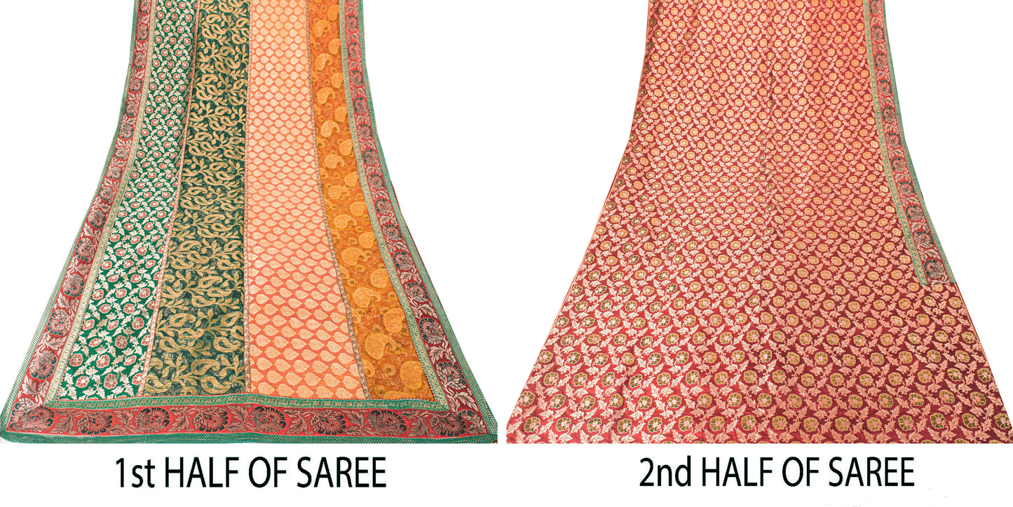 Sanskriti Vintage Red 100% Pure Silk Saree Woven Sari 6YD Craft Fabric Supplies