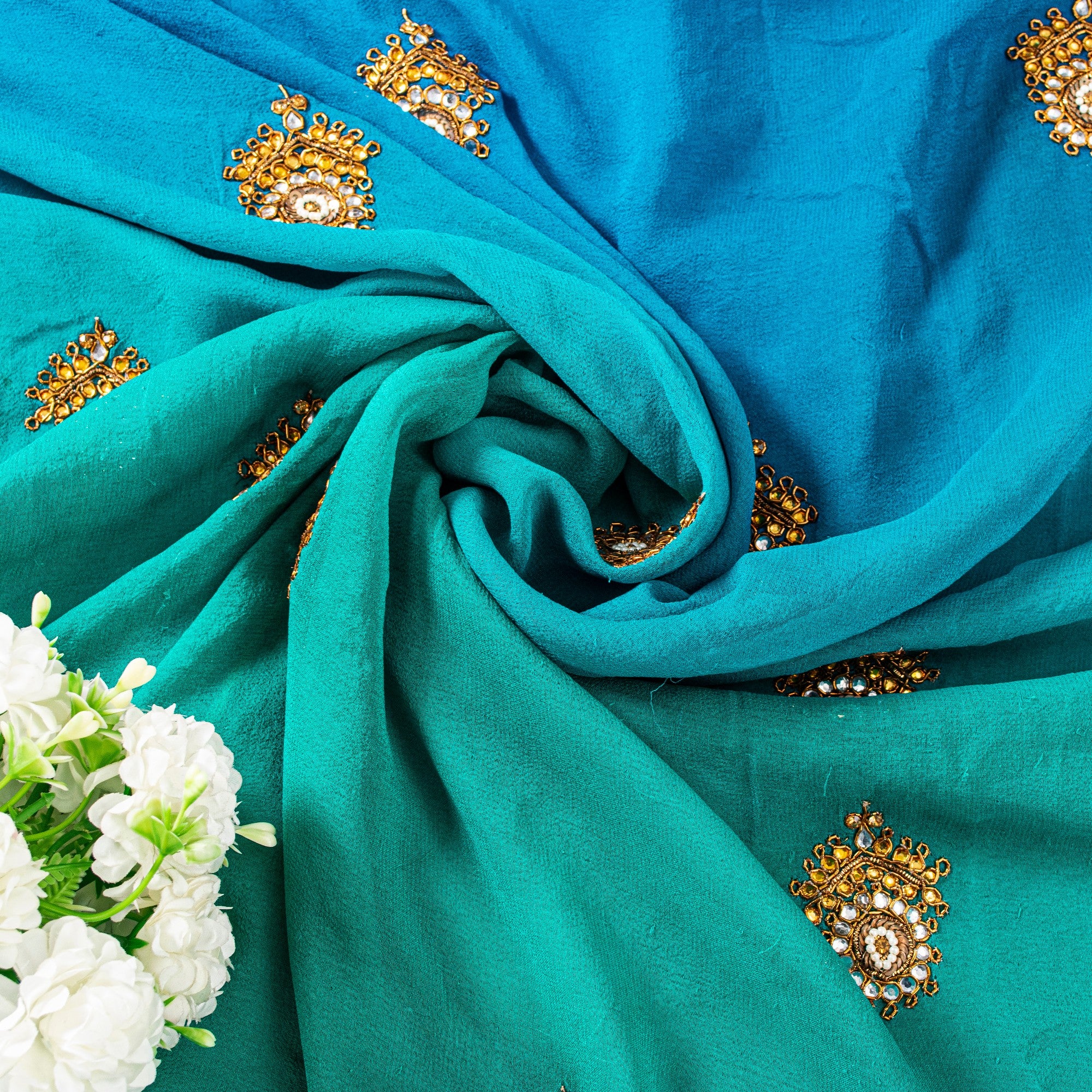 Sanskriti Vintage Blue Pure Georgette Saree Handbead Zardozi Dabka 6.5 YD Fabric