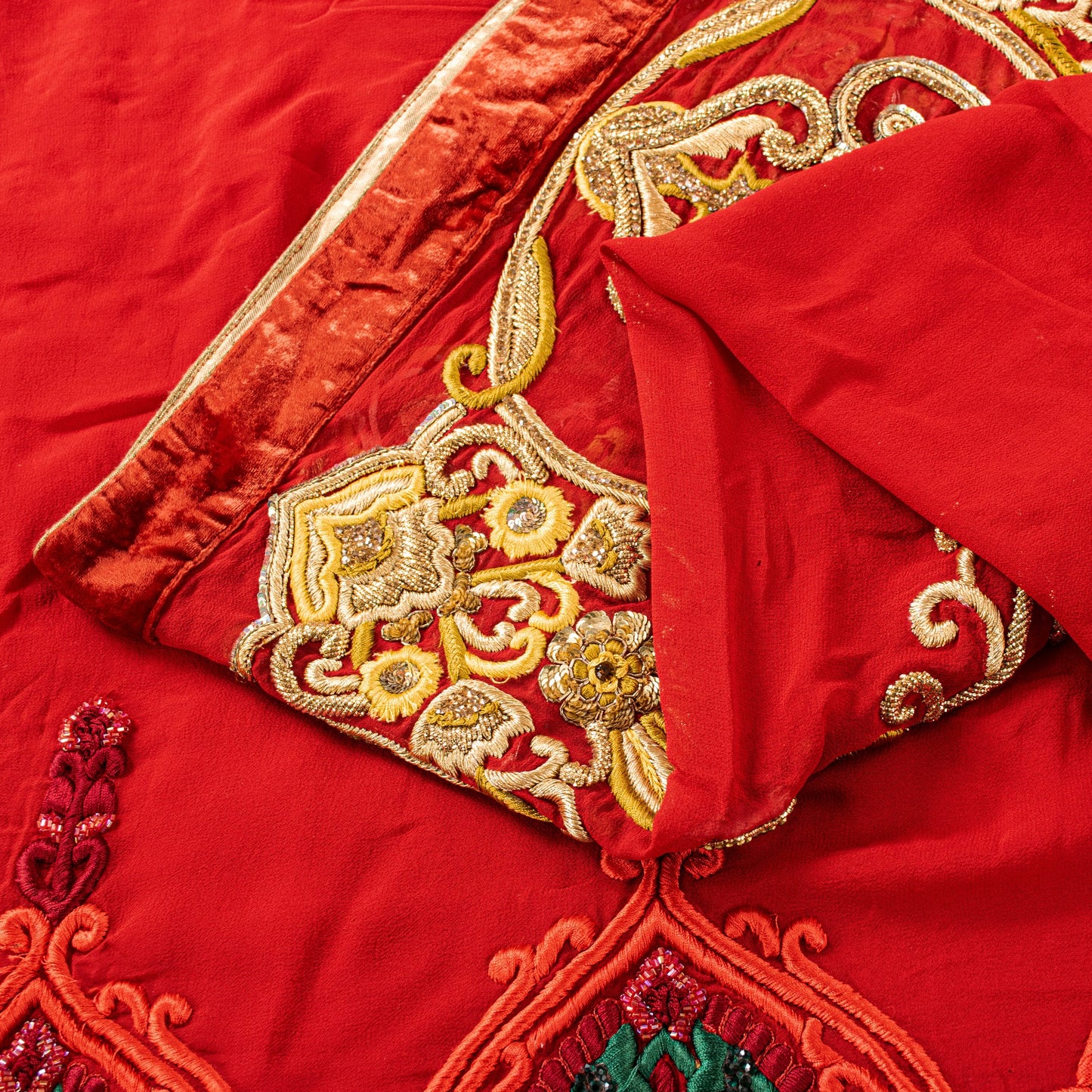 Sanskriti Vintage Saree Red 100% Pure Georgette Silk Dabka Embroidery Sequins Beads & Patch 6Yd Craft Fabric Home Decor, Sewing, Upcycling