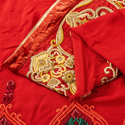Sanskriti Vintage Saree Red 100% Pure Georgette Silk Dabka Embroidery Sequins Beads & Patch 6Yd Craft Fabric Home Decor, Sewing, Upcycling