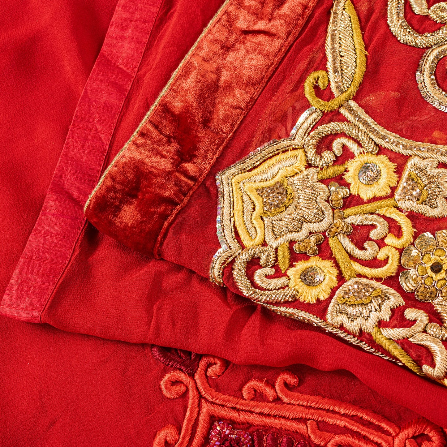 Sanskriti Vintage Saree Red 100% Pure Georgette Silk Dabka Embroidery Sequins Beads & Patch 6Yd Craft Fabric Home Decor, Sewing, Upcycling