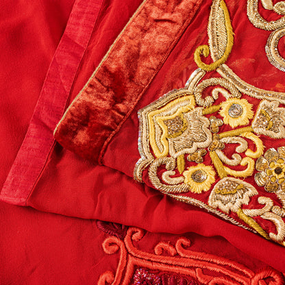 Sanskriti Vintage Saree Red 100% Pure Georgette Silk Dabka Embroidery Sequins Beads & Patch 6Yd Craft Fabric Home Decor, Sewing, Upcycling
