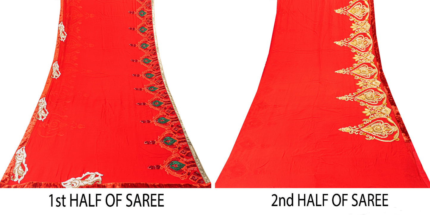 Sanskriti Vintage Saree Red 100% Pure Georgette Silk Dabka Embroidery Sequins Beads & Patch 6Yd Craft Fabric Home Decor, Sewing, Upcycling
