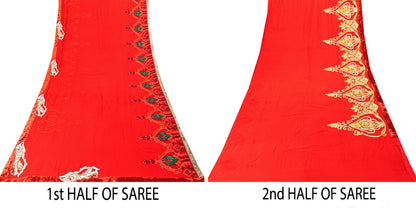 Sanskriti Vintage Saree Red 100% Pure Georgette Silk Dabka Embroidery Sequins Beads & Patch 6Yd Craft Fabric Home Decor, Sewing, Upcycling