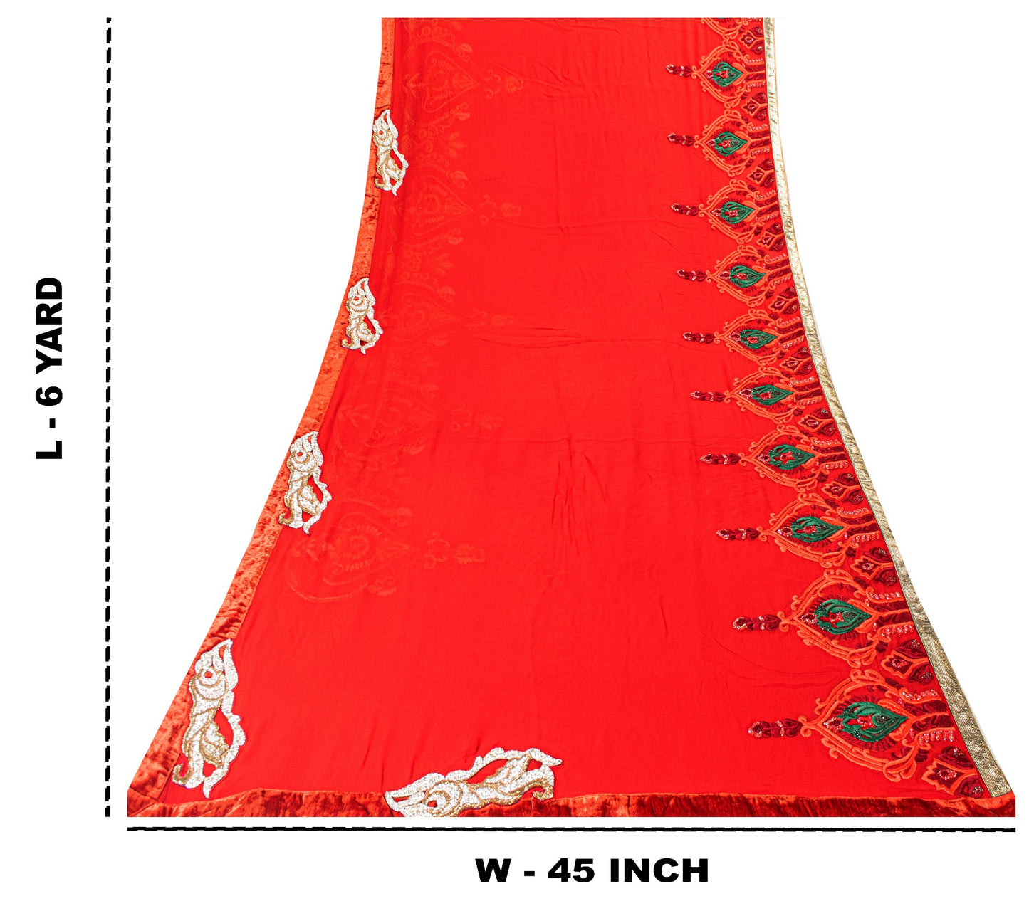 Sanskriti Vintage Saree Red 100% Pure Georgette Silk Dabka Embroidery Sequins Beads & Patch 6Yd Craft Fabric Home Decor, Sewing, Upcycling