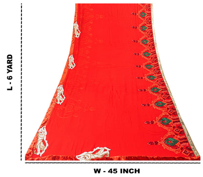 Sanskriti Vintage Saree Red 100% Pure Georgette Silk Dabka Embroidery Sequins Beads & Patch 6Yd Craft Fabric Home Decor, Sewing, Upcycling