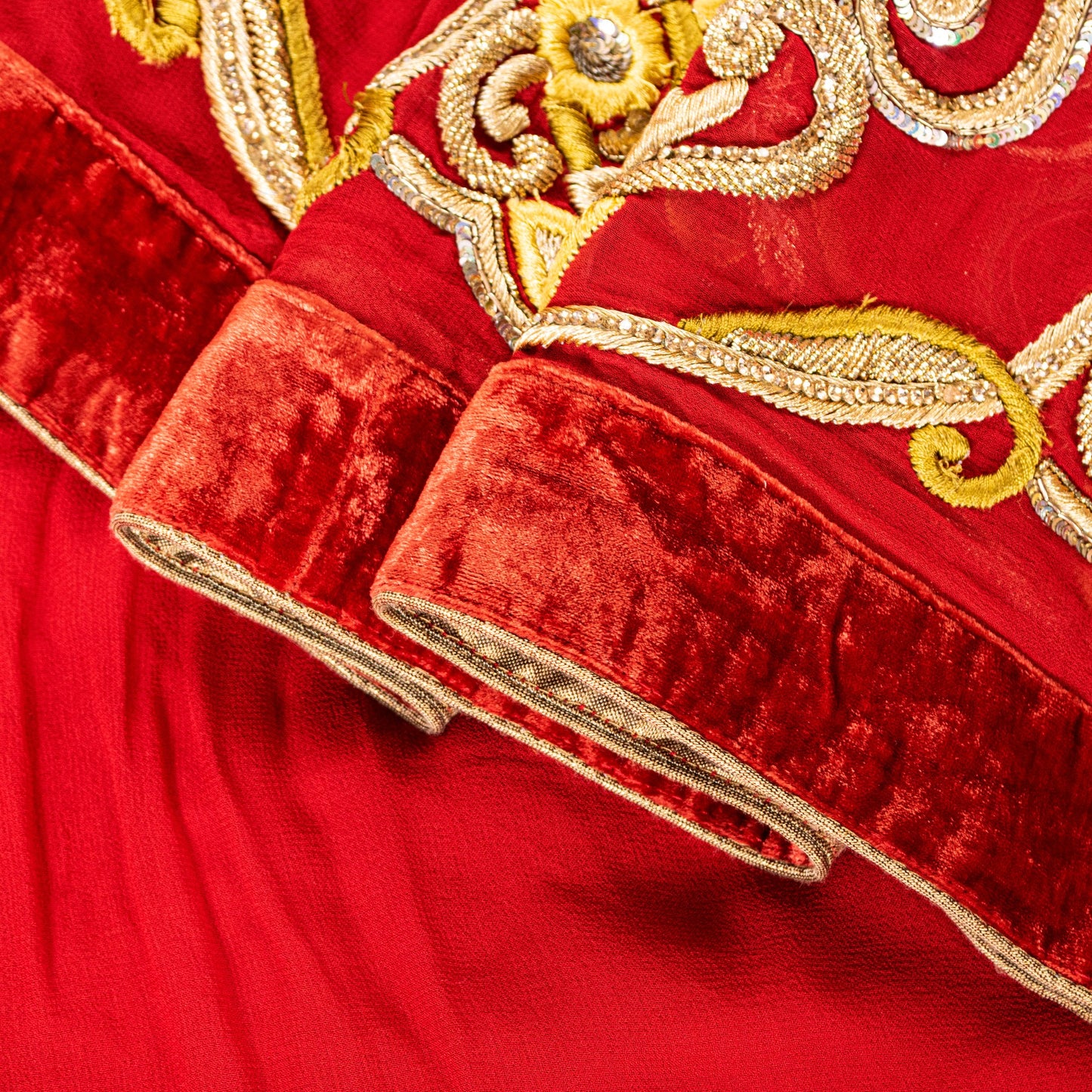 Sanskriti Vintage Saree Red 100% Pure Georgette Silk Dabka Embroidery Sequins Beads & Patch 6Yd Craft Fabric Home Decor, Sewing, Upcycling