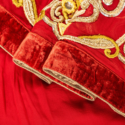 Sanskriti Vintage Saree Red 100% Pure Georgette Silk Dabka Embroidery Sequins Beads & Patch 6Yd Craft Fabric Home Decor, Sewing, Upcycling