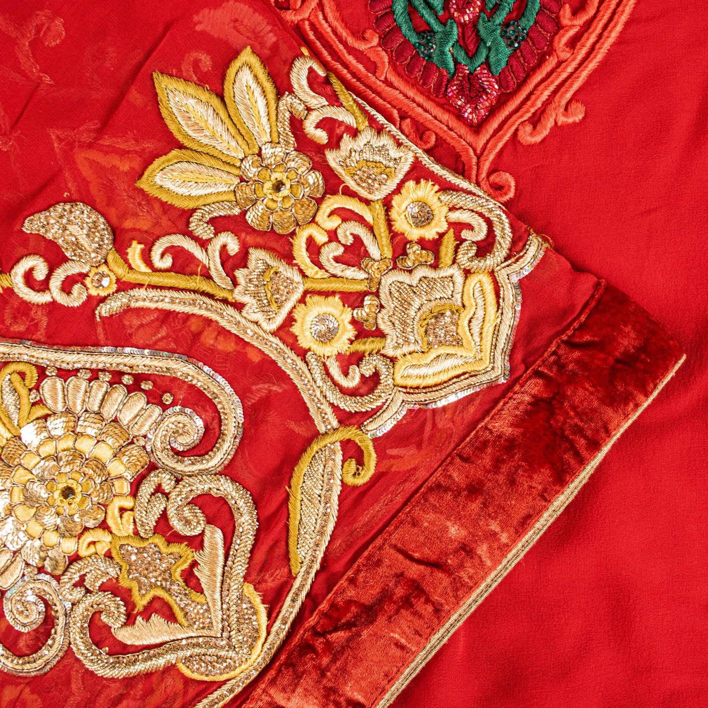 Sanskriti Vintage Saree Red 100% Pure Georgette Silk Dabka Embroidery Sequins Beads & Patch 6Yd Craft Fabric Home Decor, Sewing, Upcycling