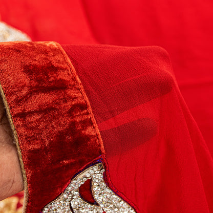 Sanskriti Vintage Saree Red 100% Pure Georgette Silk Dabka Embroidery Sequins Beads & Patch 6Yd Craft Fabric Home Decor, Sewing, Upcycling