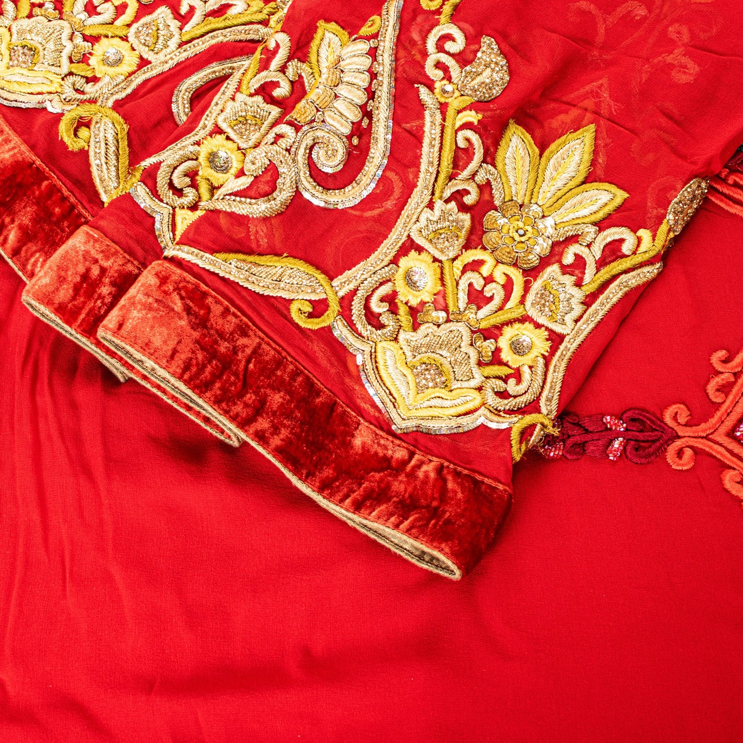 Sanskriti Vintage Saree Red 100% Pure Georgette Silk Dabka Embroidery Sequins Beads & Patch 6Yd Craft Fabric Home Decor, Sewing, Upcycling