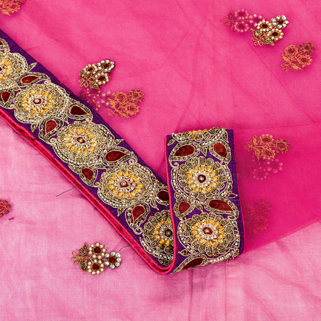 Sanskriti Vintage Pink Net Mesh Saree Hand Beaded Dabka Rhinestone 6+YD Fabric