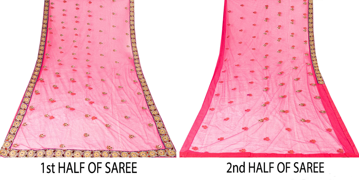 Sanskriti Vintage Pink Net Mesh Saree Hand Beaded Dabka Rhinestone 6+YD Fabric