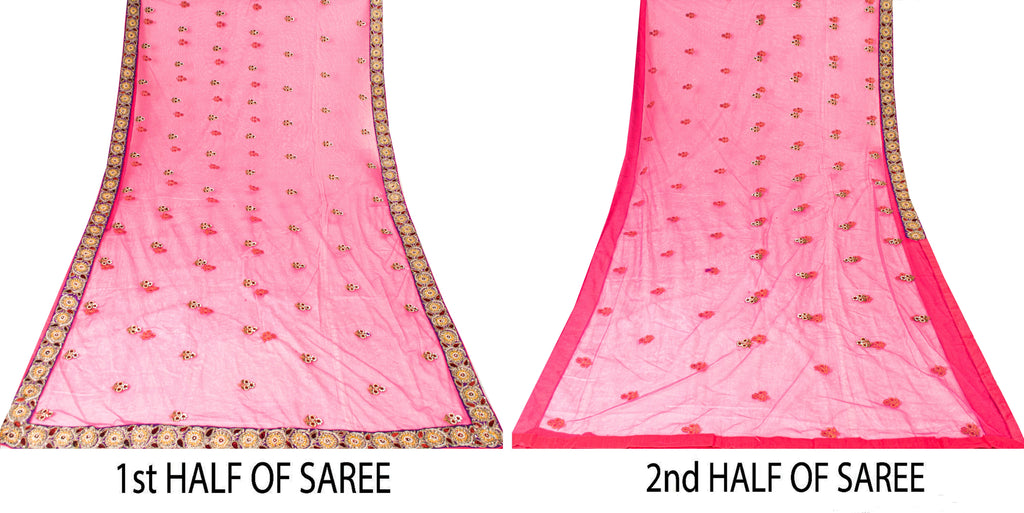 Sanskriti Vintage Pink Net Mesh Saree Hand Beaded Dabka Rhinestone 6+YD Fabric