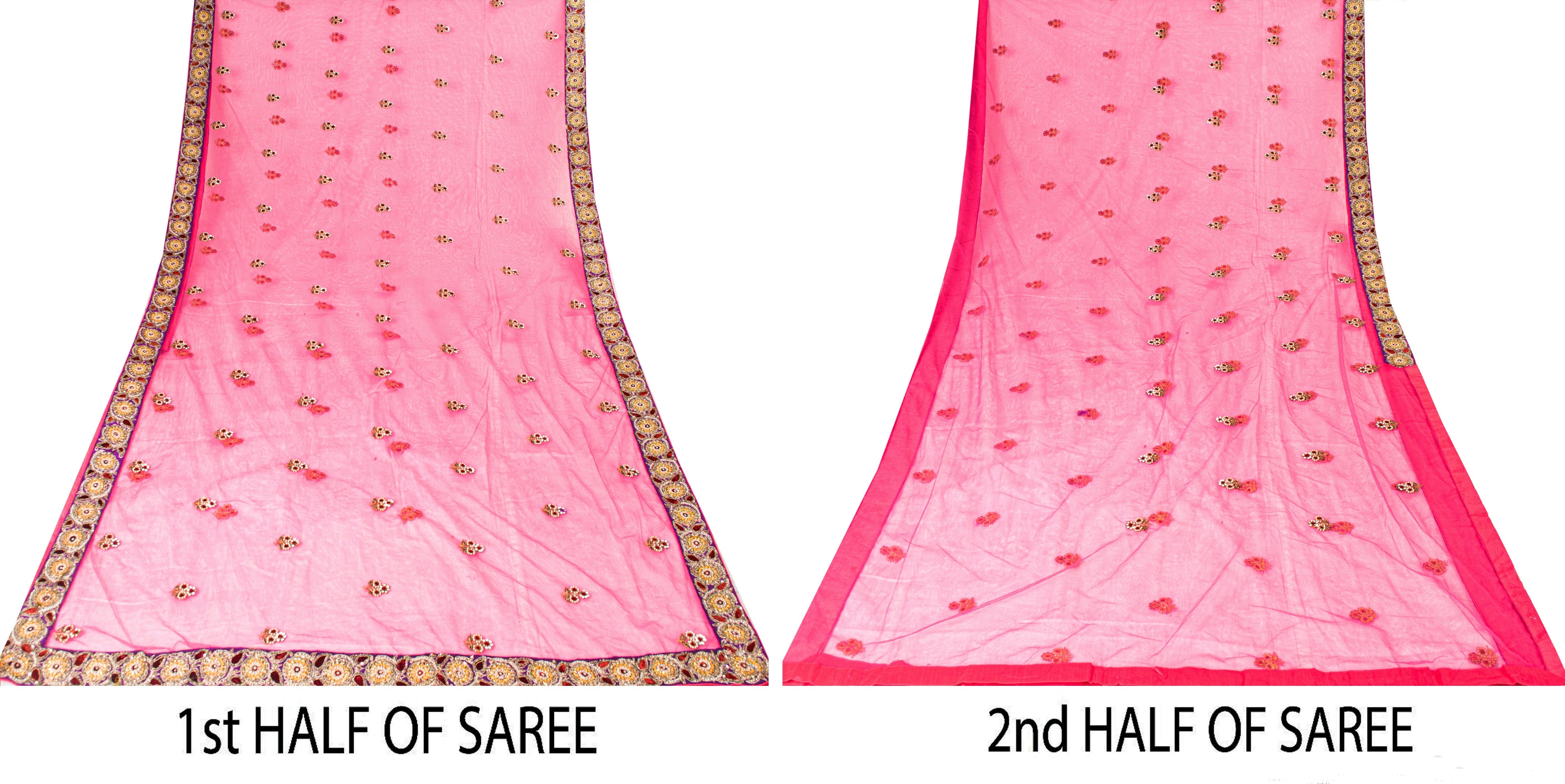 Sanskriti Vintage Pink Net Mesh Saree Hand Beaded Dabka Rhinestone 6+YD Fabric