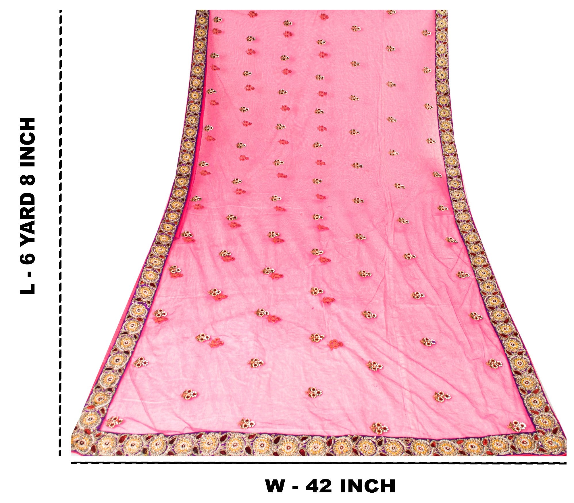 Sanskriti Vintage Pink Net Mesh Saree Hand Beaded Dabka Rhinestone 6+YD Fabric