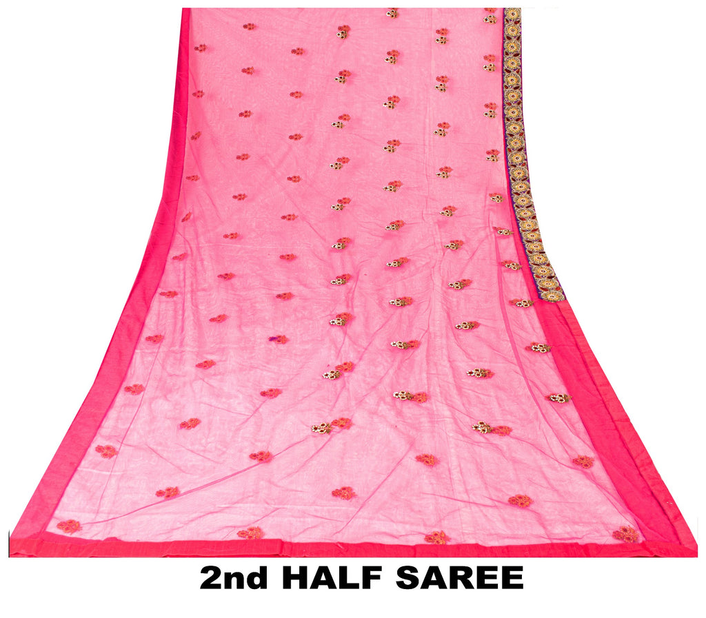 Sanskriti Vintage Pink Net Mesh Saree Hand Beaded Dabka Rhinestone 6+YD Fabric
