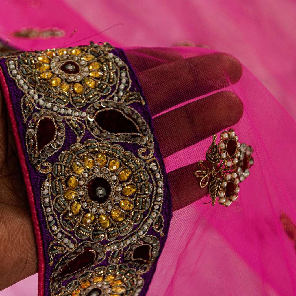 Sanskriti Vintage Pink Net Mesh Saree Hand Beaded Dabka Rhinestone 6+YD Fabric