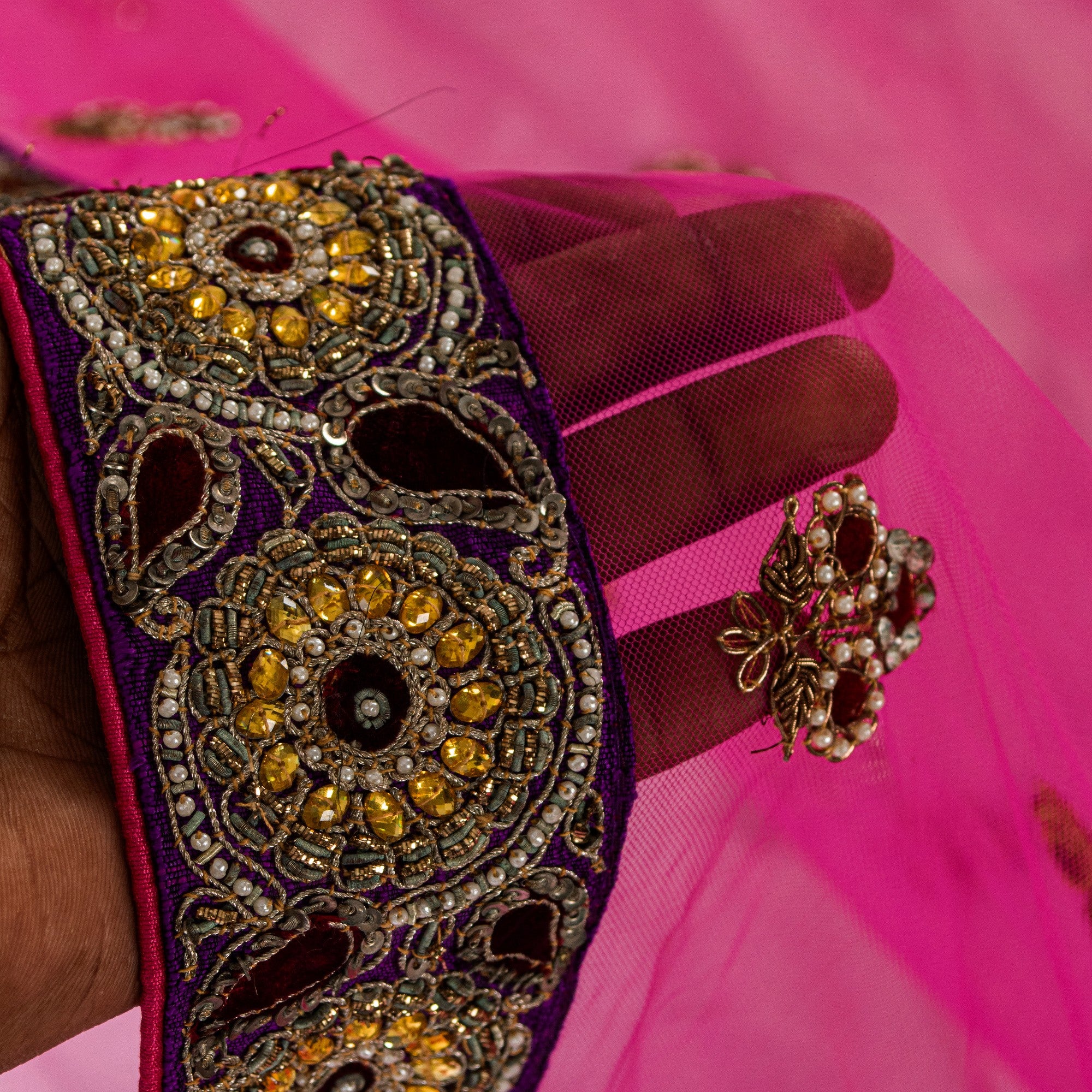 Sanskriti Vintage Pink Net Mesh Saree Hand Beaded Dabka Rhinestone 6+YD Fabric