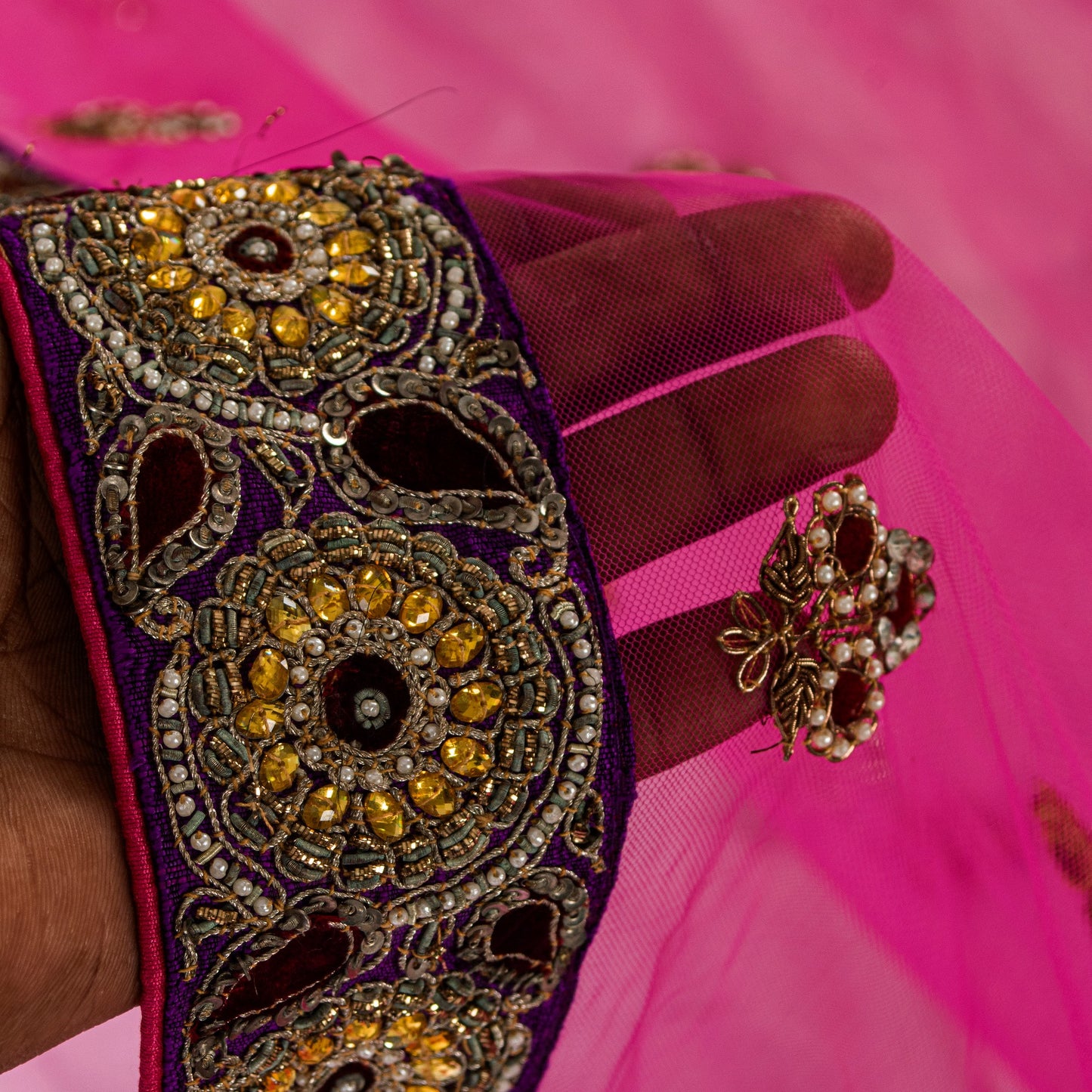 Sanskriti Vintage Pink Net Mesh Saree Hand Beaded Dabka Rhinestone 6+YD Fabric