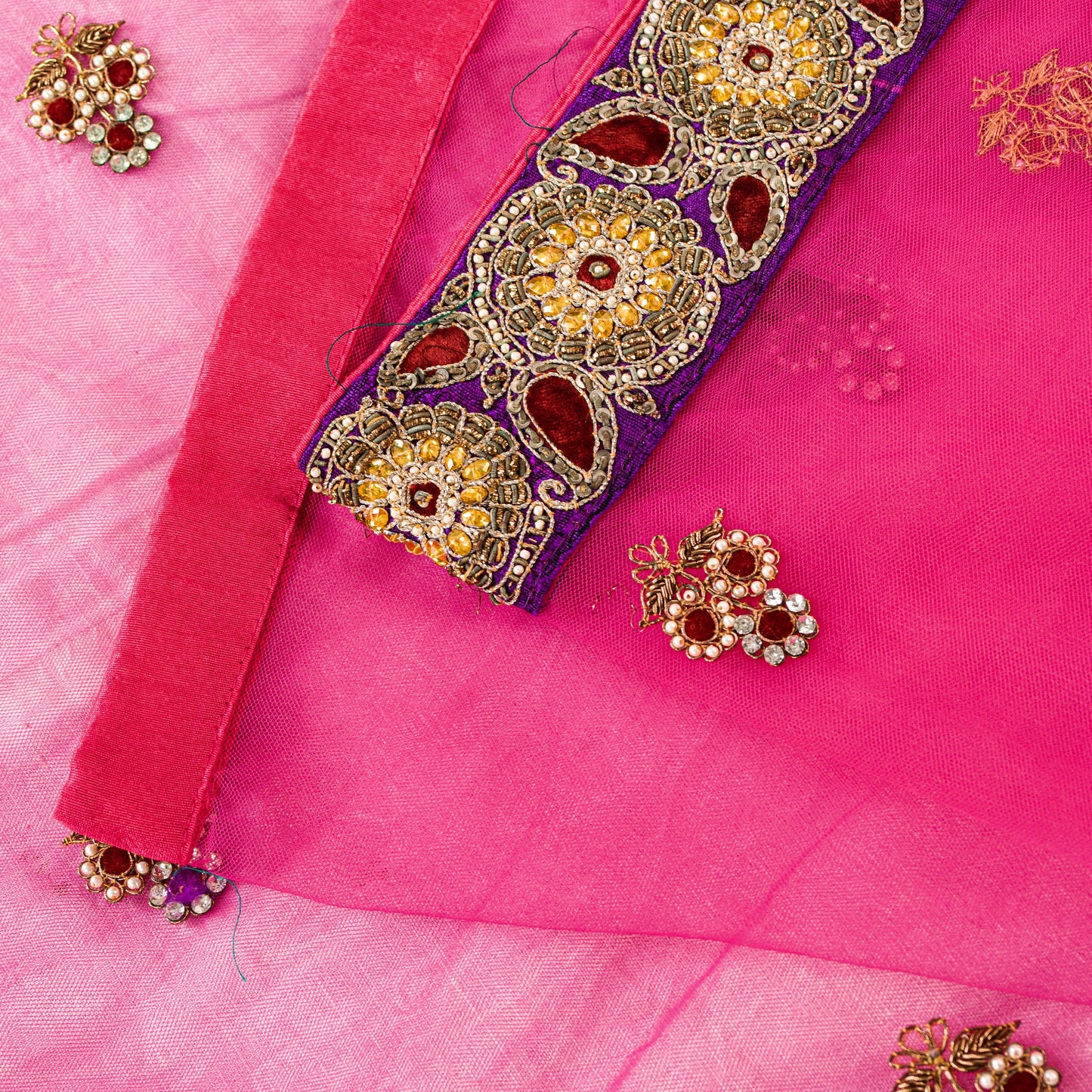 Sanskriti Vintage Pink Net Mesh Saree Hand Beaded Dabka Rhinestone 6+YD Fabric